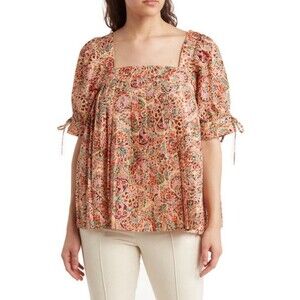DR2 Peasant Floral Blouse Womens Large Orange Pink Babydoll BOHO